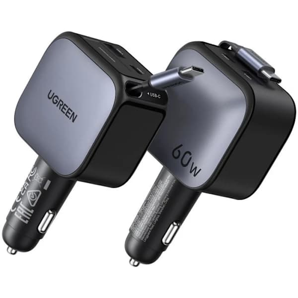 Billader - UGREEN - 60W - USB-A + USB-C - Uttrekkbar versjon - Svart