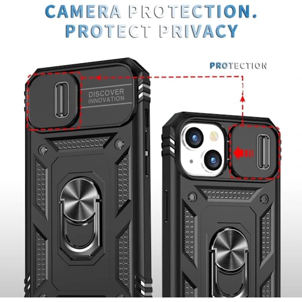 (Sort) 1. iPhone 15 Cover, Kamerahus med Roterende Ringholder til Apple iPhone 15