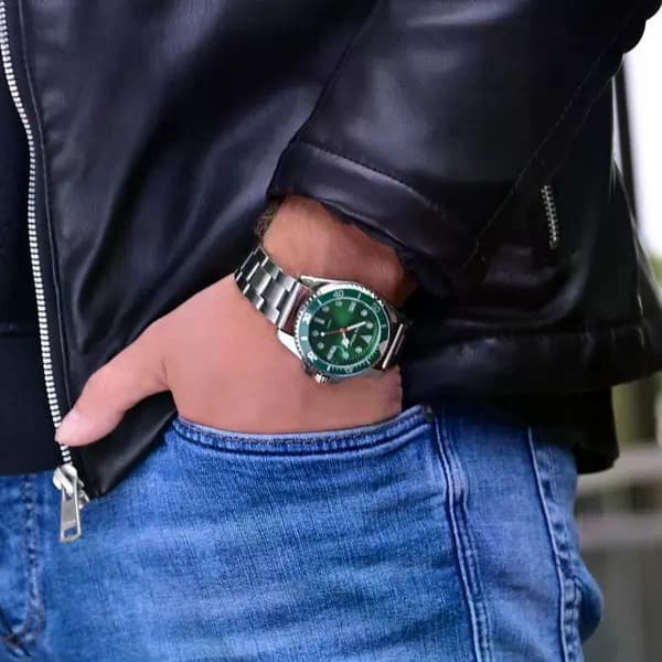Herrklocka 39 mm med grön urtavla och stålarmband – S