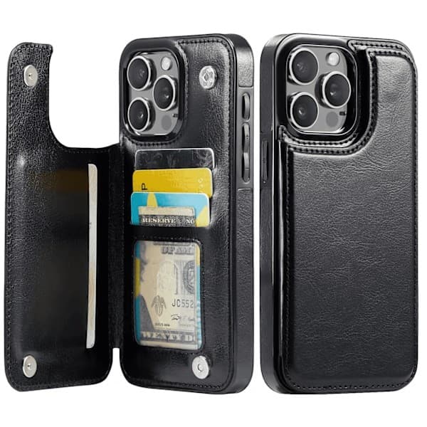 För iPhone 16 15 Pro Max Plus PU-läderfodral Stativ Kortfack, Dubbel magnetisk stängning och hållbart stötsäkert skydd iPhone16Pro
