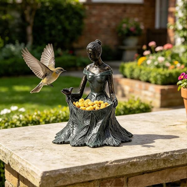 Bladfe-fuglefoderbræt – Harpiks-gudindestatuette – Udendørs fuglefrøholder til haven