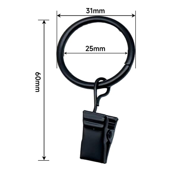 30-pak sorte gardinringe med clips - 25 mm små metalgardinringe, runde med clips