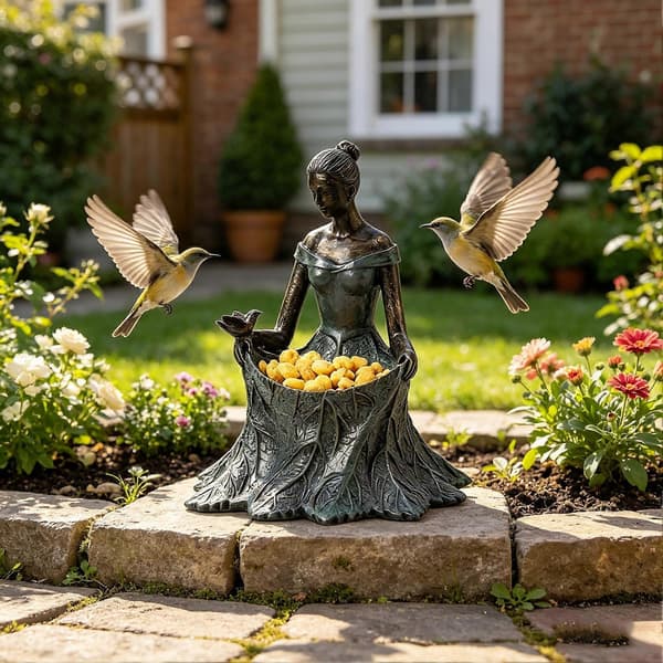 Bladfe-fuglefoderbræt – Harpiks-gudindestatuette – Udendørs fuglefrøholder til haven
