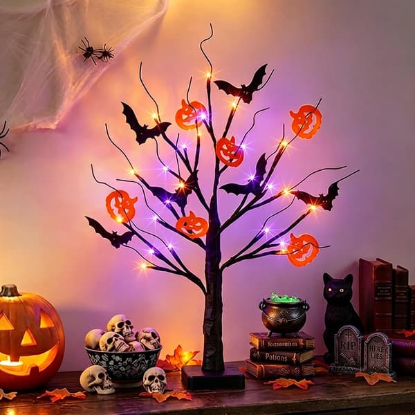 Halloween-dekorationer, Halloween-trælys, oplyst sort træ