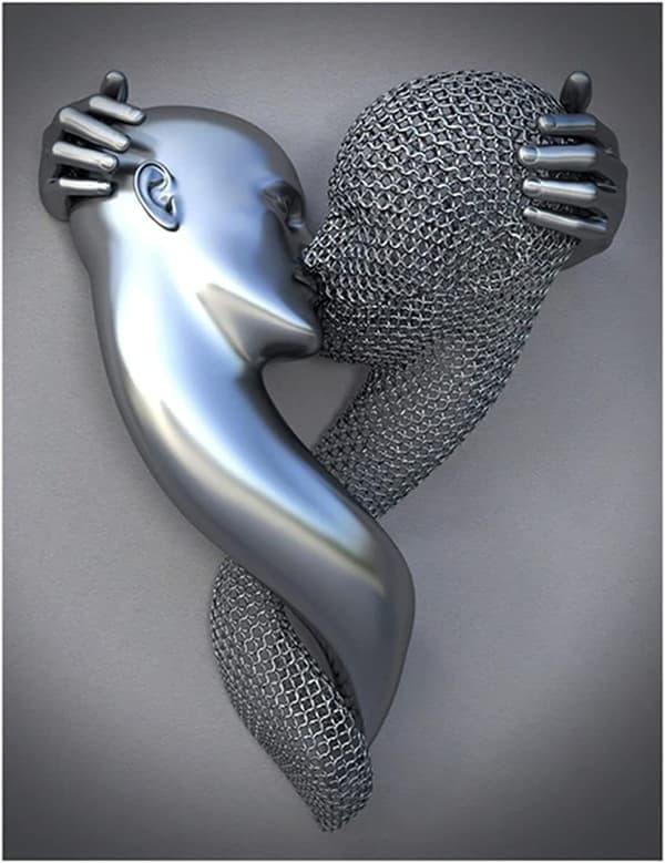 Sett med 3 kunstneriske moderne plakater, 3D metallfigur statue kunst kjærlighet hjerte kyss