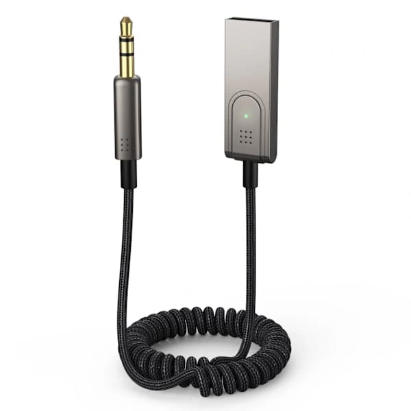 Bluetooth Aux -kaapeli autoon/Aux Bluetooth -sovitin autoon, Bluetooth 5.0 -vastaanotin autoon 3,5 mm AUX-liitännällä ja USB-liitännällä, harmaa