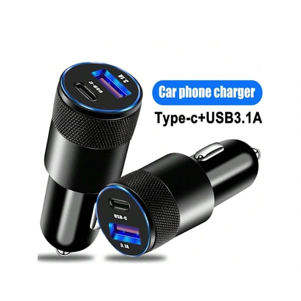 1 stk. USB C hurtig biloplader, 3.0 PD USB C biladapter 2 porte 3.1A USB Type C bilstik kompatibel med iPhone 15/14/13 sort