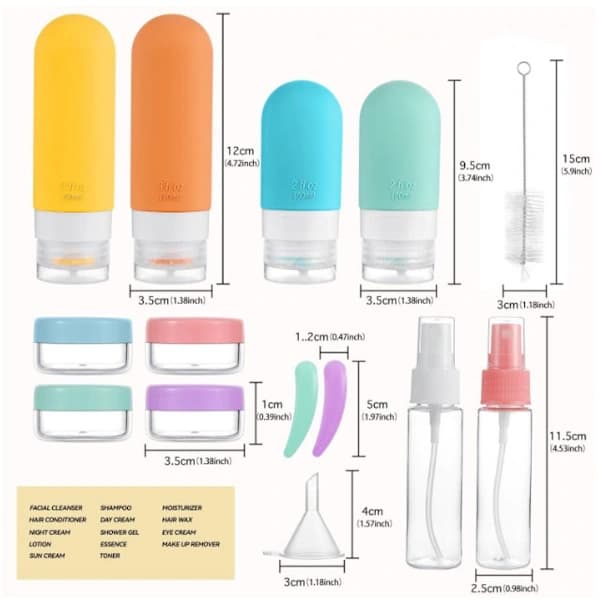 Reseflaskor med fodral, Reseset, Reseflaskor Handbagage 90ML, 16-delat set, Reseflaskor i silikon, Påfyllningsbara reseflaskor, schampo