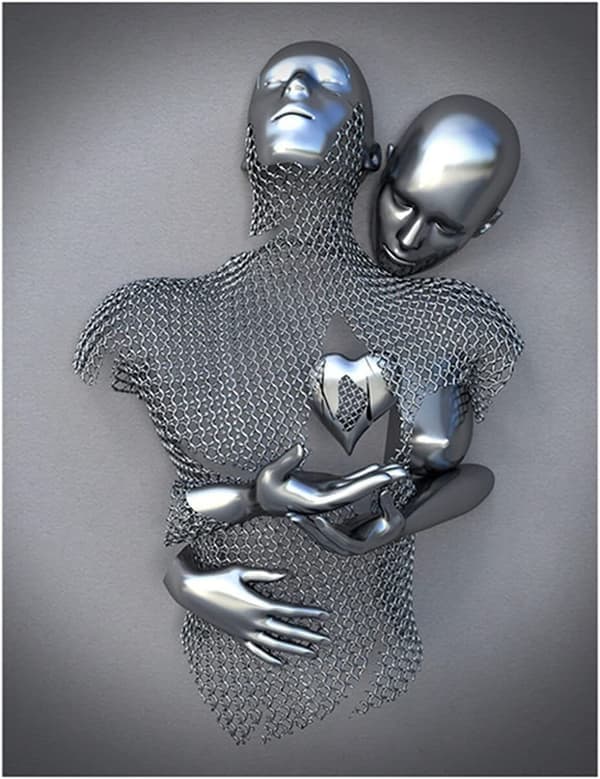 Sett med 3 kunstneriske moderne plakater, 3D metallfigur statue kunst kjærlighet hjerte kyss