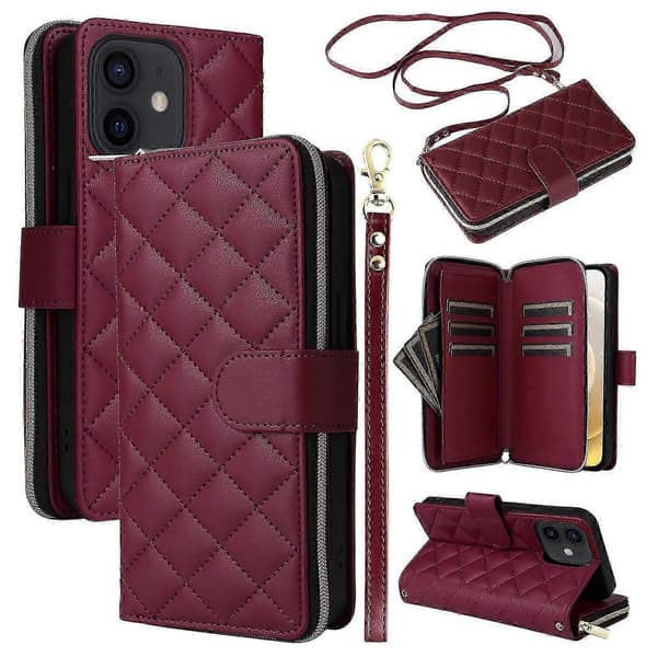För iPhone 12 mini Dragkedjeplånboksfodral Rhombus Läder Handväska Telefonfodral