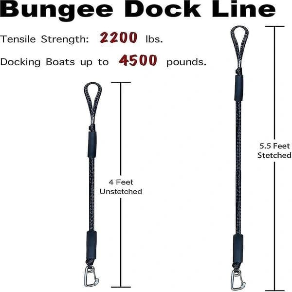 Bungee-telakointiköysi koukulla, musta veneen kiinnitysköysi 4 jalkaa 2 kpl & musta