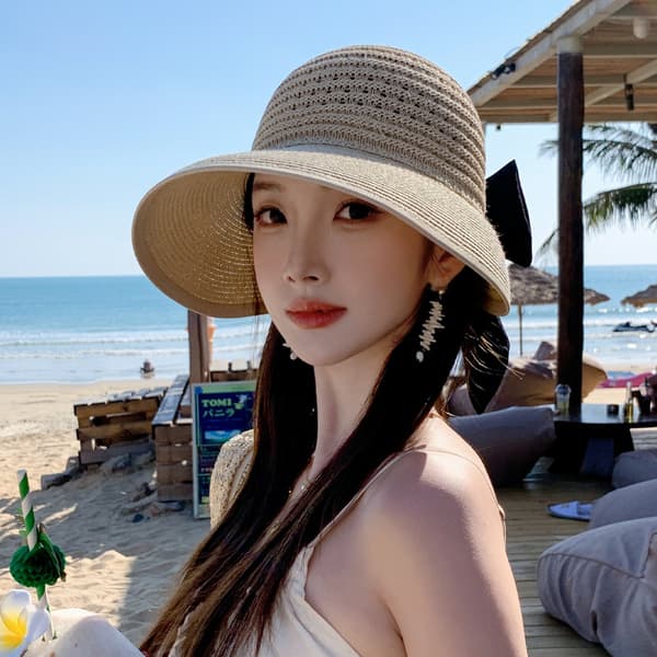 Dam sommar söt och gullig rosett strandhatt, bredbrättad solskyddshatt, elegant solhatt