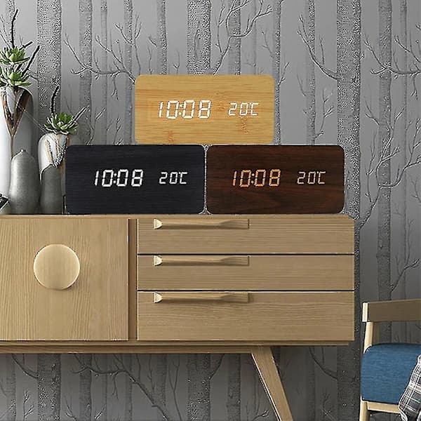 Väckarklocka i trä med LED-display, digital bordsklocka, brun