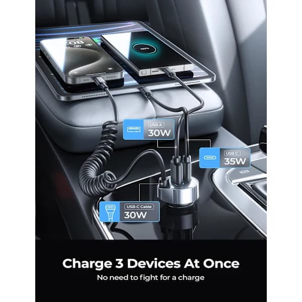 Billader USB C Hurtiglading for iPhone 16 med 1,5M 65W USB C Spiralkabel Billaderadapter PD&QC3.0 USB-lader 12V USB-uttak