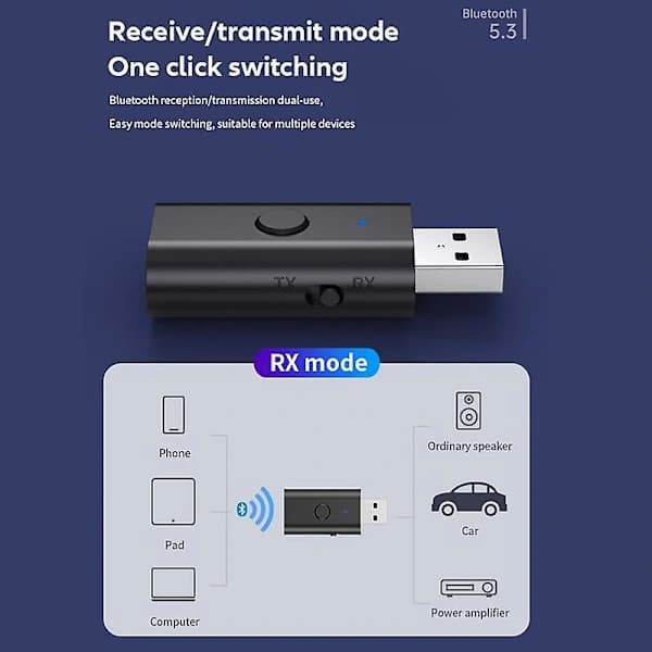 4-i-1 USB Trådløs Bluetooth 5.3 AUX Adapter Audio Mottaker Sender USB til 3.5mm Jack for PC TV Bil Handsfree Kit Tilbehør