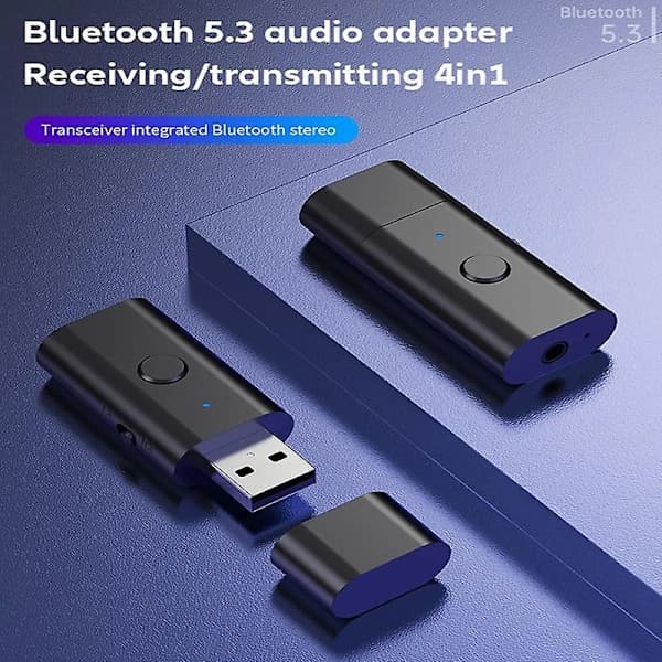 4-i-1 USB Trådløs Bluetooth 5.3 AUX Adapter Audio Mottaker Sender USB til 3.5mm Jack for PC TV Bil Handsfree Kit Tilbehør