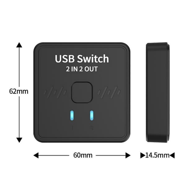 USB-switch 2 in 2 ut, USB-switch, skrivardelare för 2 datorer, 2-portars USB-väljare med 2 USB-kablar och extern kontroll