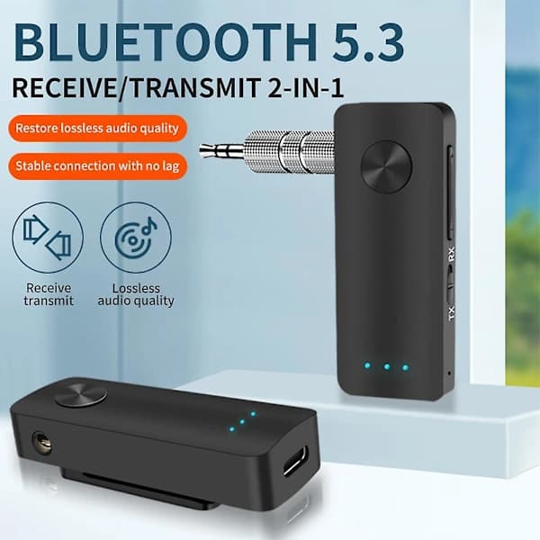 Bluetooth 5.3 Sender Mottaker 2 i 1 Trådløs Adapter 3.5mm Audio Stereo AUX Adapter for Bil Stereo Musikk Håndfri Headset
