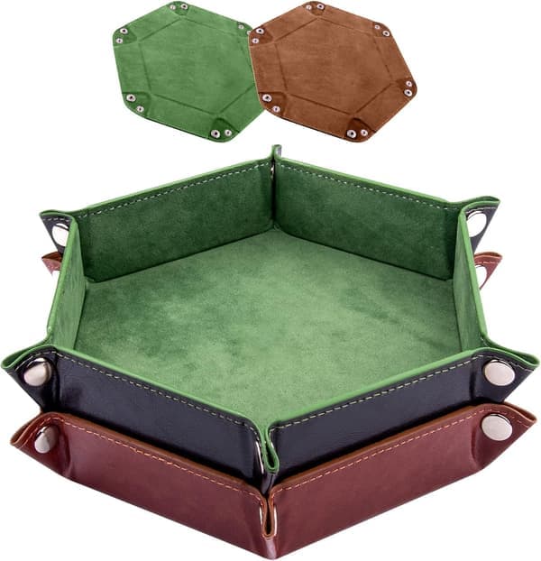 tärningsbrickor hexagon tärningsfällbar bricka PU-läder sammetshållare bricka för RPG DND och andra brädspel (grön, kamel)