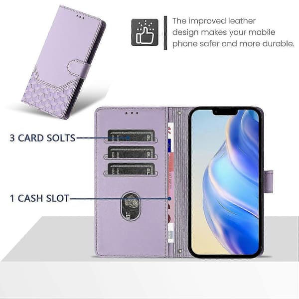 Til iPhone 15 Pro Max etui præget bikube RFID-blokerende lædertelefonbeskyttelsesetui med rem (lyslilla)