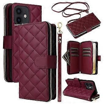 För iPhone 12 mini Dragkedjeplånboksfodral Rhombus Läder Handväska Telefonfodral