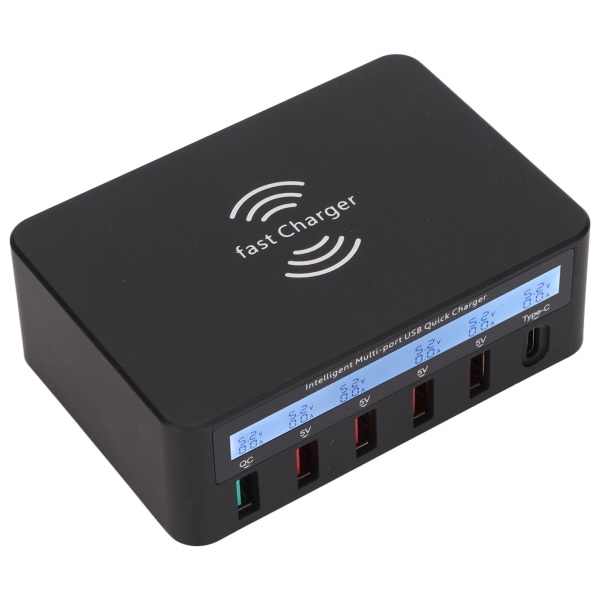 USB Phone Charging Station Block 40W 6 Port QC 3.0 Charging Hub Trådlös laddningsbas med LCD Dispaly 100?240V