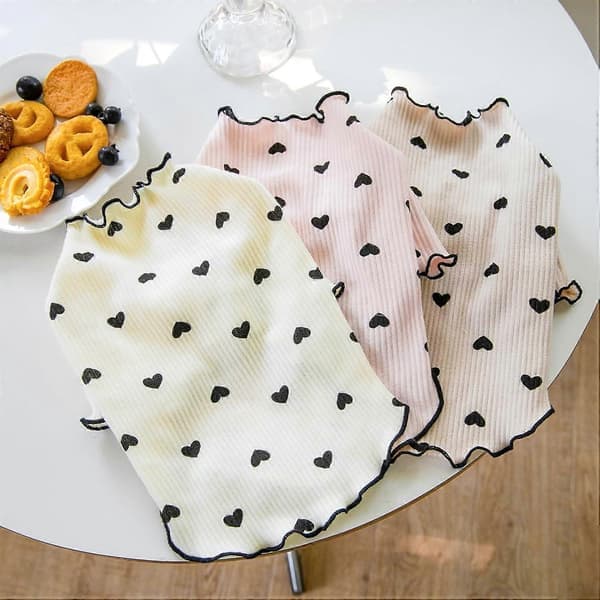 Tøj til små hunde og katte, sommer og efterår, hjerte-mønstret sweater, strækbar, flæse, langærmet outfit Pink