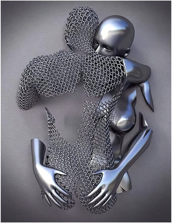 Sett med 3 kunstneriske moderne plakater, 3D metallfigur statue kunst kjærlighet hjerte kyss