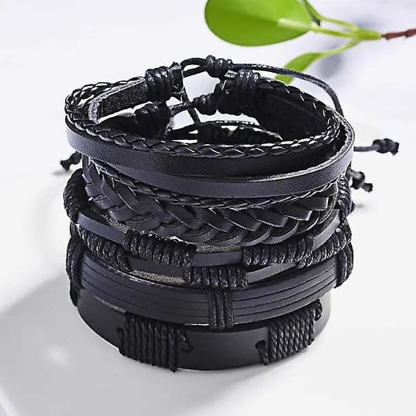 5-pak håndlavede læderarmbånd herrearmbånd sort sort