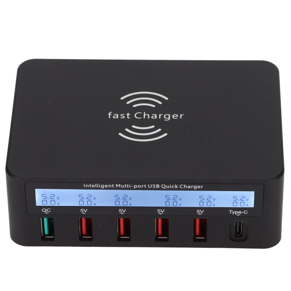 USB Phone Charging Station Block 40W 6 Port QC 3.0 Charging Hub Trådlös laddningsbas med LCD Dispaly 100?240V