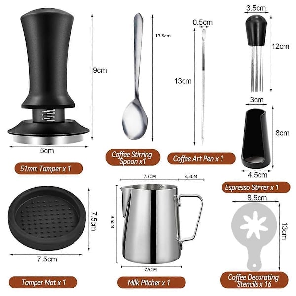 22-dele espressokaffe tilbehørssæt, 51 mm espressokaffe tamper sæt, Aquaforge