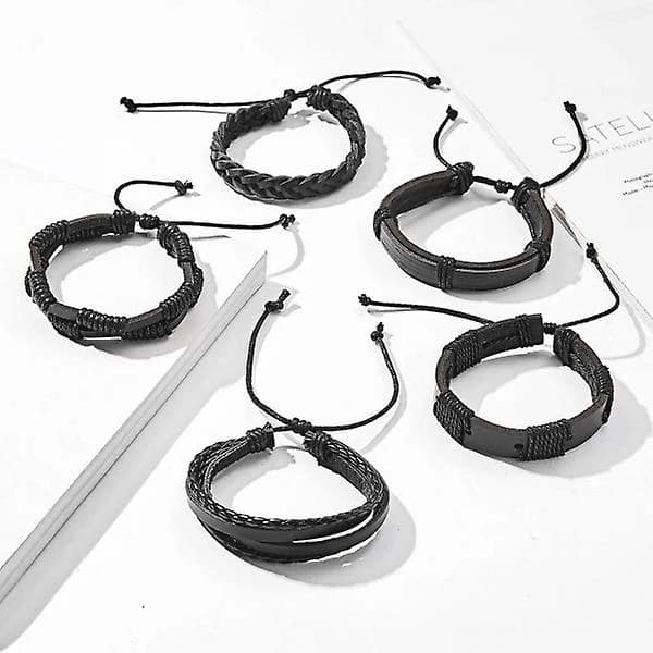 5-pak håndlavede læderarmbånd herrearmbånd sort sort