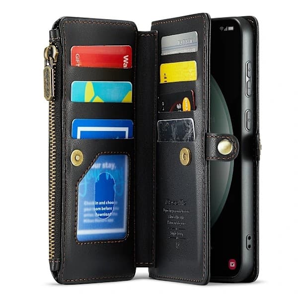 Samsung Galaxy S23 FE Plånboksfodral, Multifunktionellt Läderfodral med Dragkedja Svart