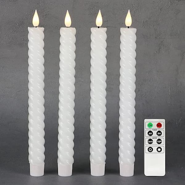 Sett med 4 batteridrevne koniske stearinlys med fjernkontroll (hvit spiralvridd)