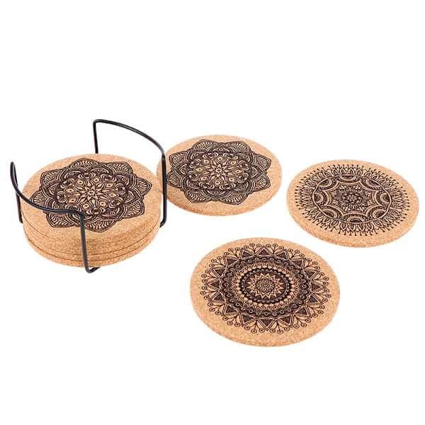 12 stk. Mandala Design Runde Træunderlag med Holder
