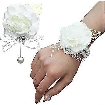 Elfenbensros handledsband och corsage-set: Eleganta brittiska bröllopsblommor för handen