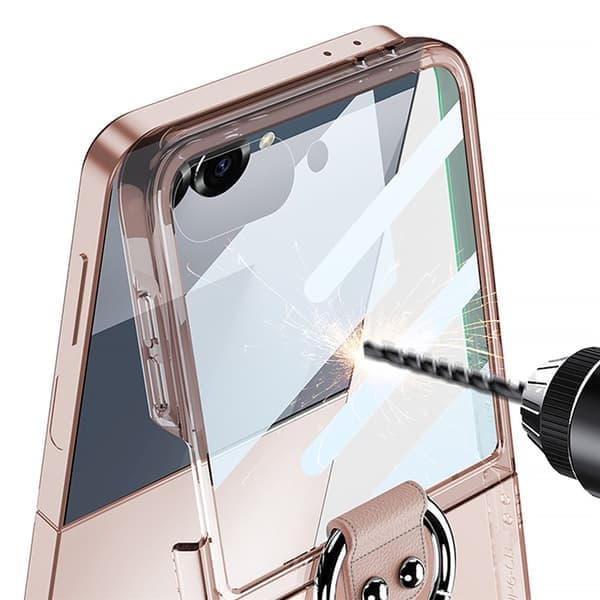 Fodral till Samsung Z Flip7, med ringhållare PC + härdat glas Svart