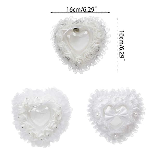 Bröllopsbrud och brudgum rosett ringbärare kudde vit ros blomma spetskant ringlåda hjärtformad ringkuddehållare