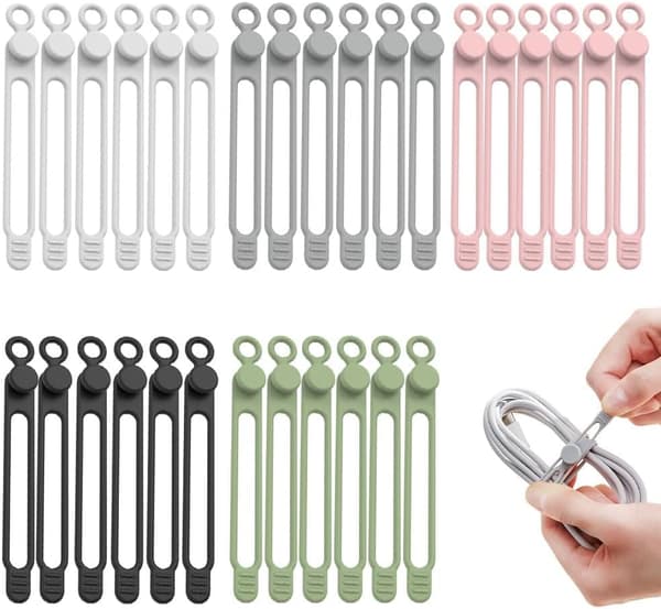 Generisk kabelorganisatör, 30-pack återanvändbara elastiska kabelband i silikon, svart, vit, grå, rosa, matcha