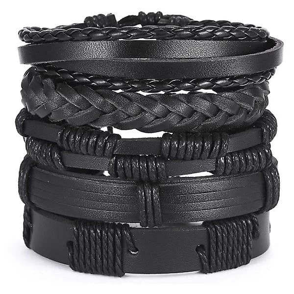 5-pak håndlavede læderarmbånd herrearmbånd sort sort