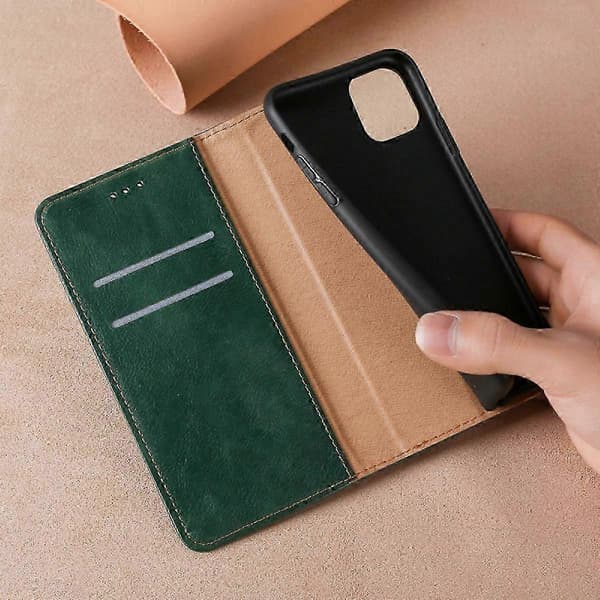 Ægte læder Folio Pung Magnetisk Støtteben RFID Blokerende Kortpladser Stødsikkert Cover Kompatibel med iPhone 14 Pro Max