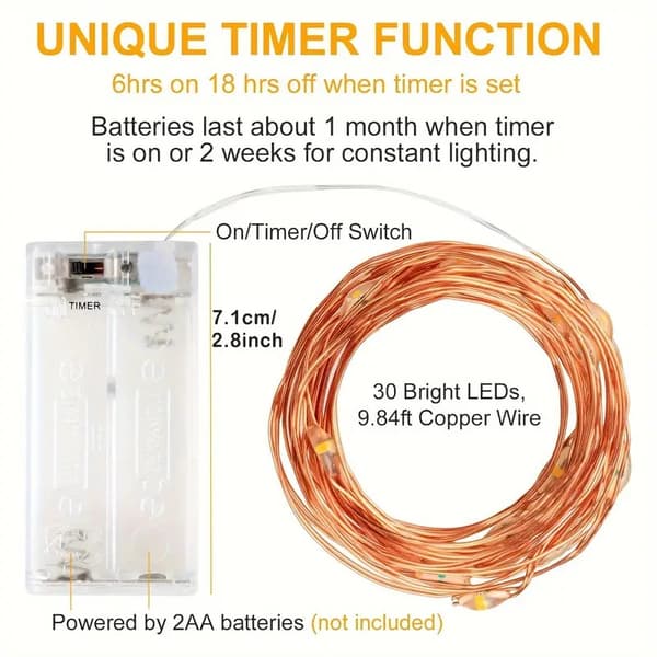 3-pakning LED-lyslenker med batterier og timer, 3 meter med 30 små LED-lys på sølvtråd