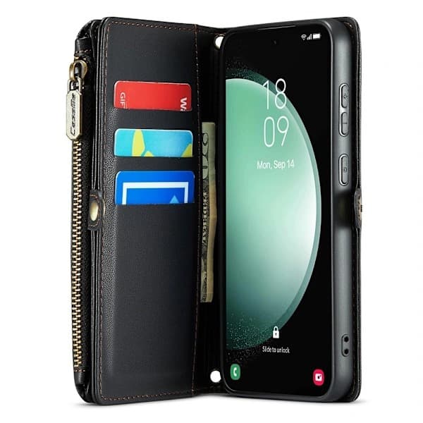 Samsung Galaxy S23 FE Pung Etui, Multifunktionel Lynlås Læder Etui Sort