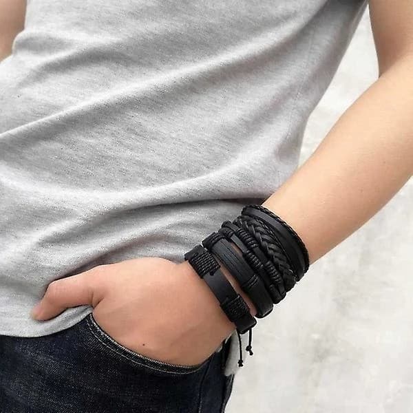 5-pak håndlavede læderarmbånd herrearmbånd sort sort