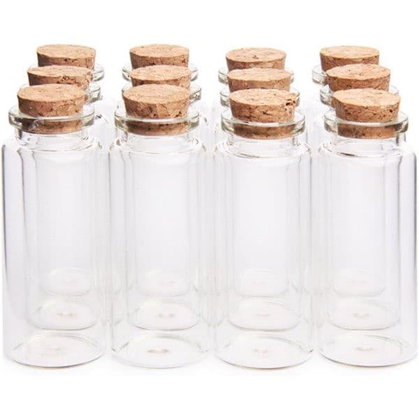 Mini 30 ml glasburkar (3 cm x 7 cm) med kork och träproppar, önskeflaskor/meddelandeflaskor (12 stycken)