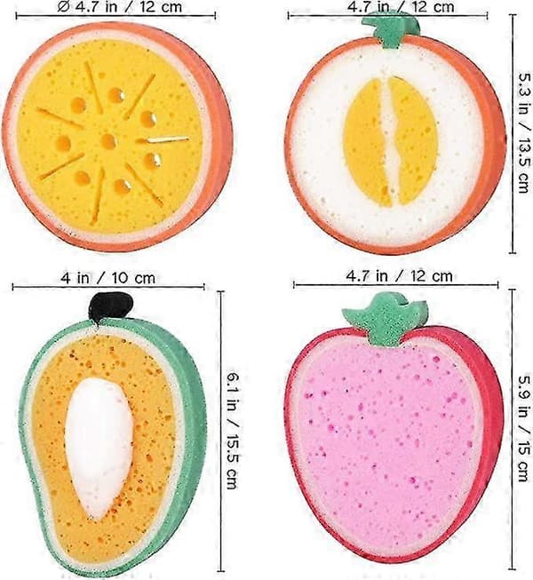 4-delade mångsidiga färgglada frukformade badsvampar designade för barns badtid hemma