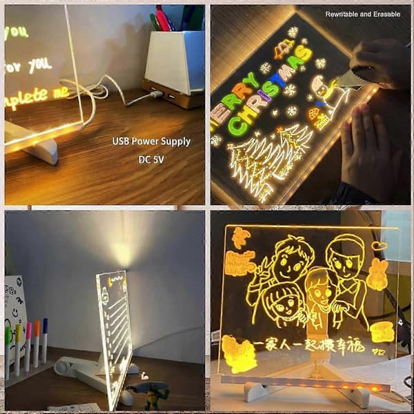 LED-notatstavle med 7 farvepenne, 30x20 cm lysende tør slette-tavle, lysende skrive- og tegnetavle med stativ