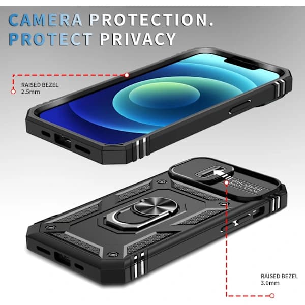 (Sort) 1. iPhone 15 Cover, Kamerahus med Roterende Ringholder til Apple iPhone 15