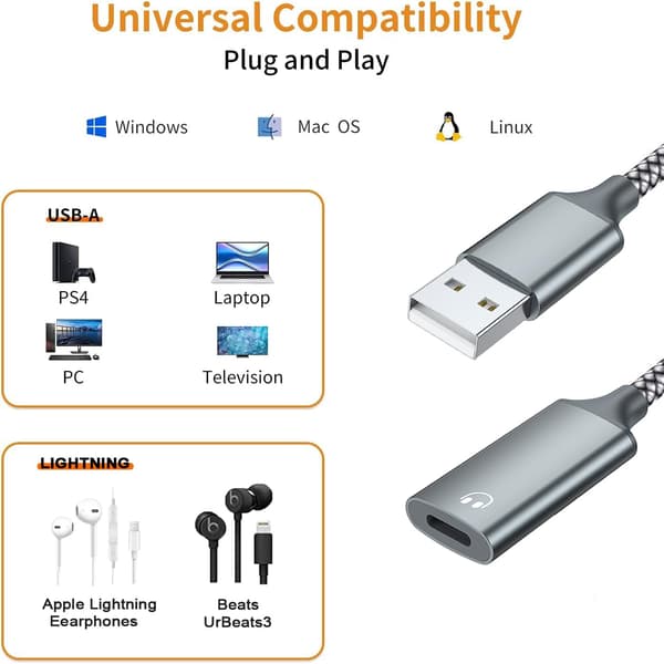 Lightning til USB 3.0 han-til-hun lydadapterkabel, HiFi-lydhovedtelefonkonverter til USB A MacBook, computer og PC