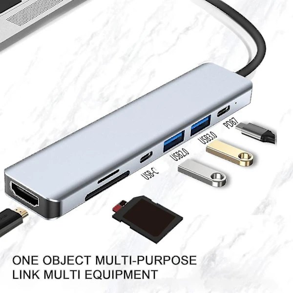 7-i-1 Type-c Netværkshub Multi-splitter Adapter Med Hdmi + Usb3.0 Usb2.0 Usb-c Sd Tf Pd Til Pc Com